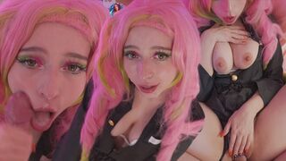 Mitsuri kanroji cosplayben élvezi a fasznak a lyukait és nagy arconlövellést kap